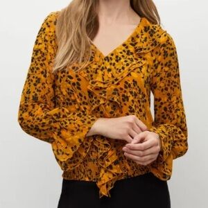 Melanie Lyne Elegant Floral Cascading Ruffle Blouse V Neck Mustard & Black Sz4